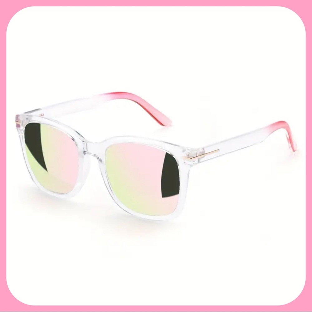 BRIGHT PINK MIRROR SUNGLASSES WITH CLEAR FRAMES AND PINK LEGS-NEW - Picture 4 of 6